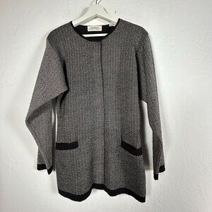 Linda Allard Ellen Tracy Womens Tunic Cardigan Sweater Herringbone Black Medium
